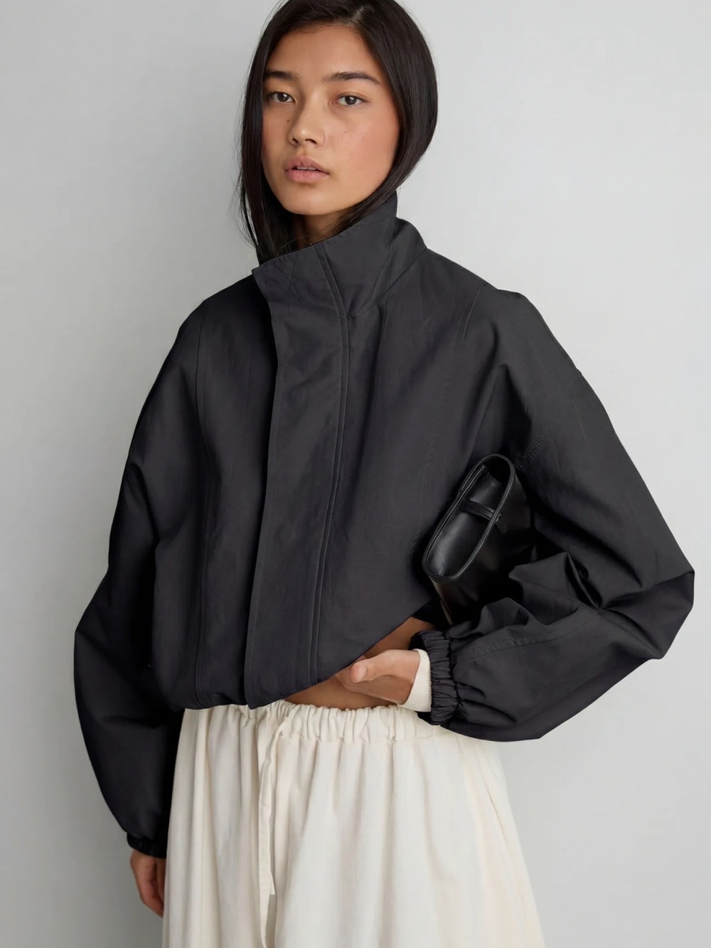 NWT Oak and Fort High Funnel Neck Cropped Drawstring Jacket Black Size M
